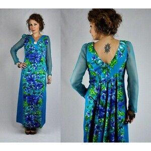 HAWAIIAN Maxi Dress Plunging LOW V Back & Long Sheer Sleeves Psychedelic Floral